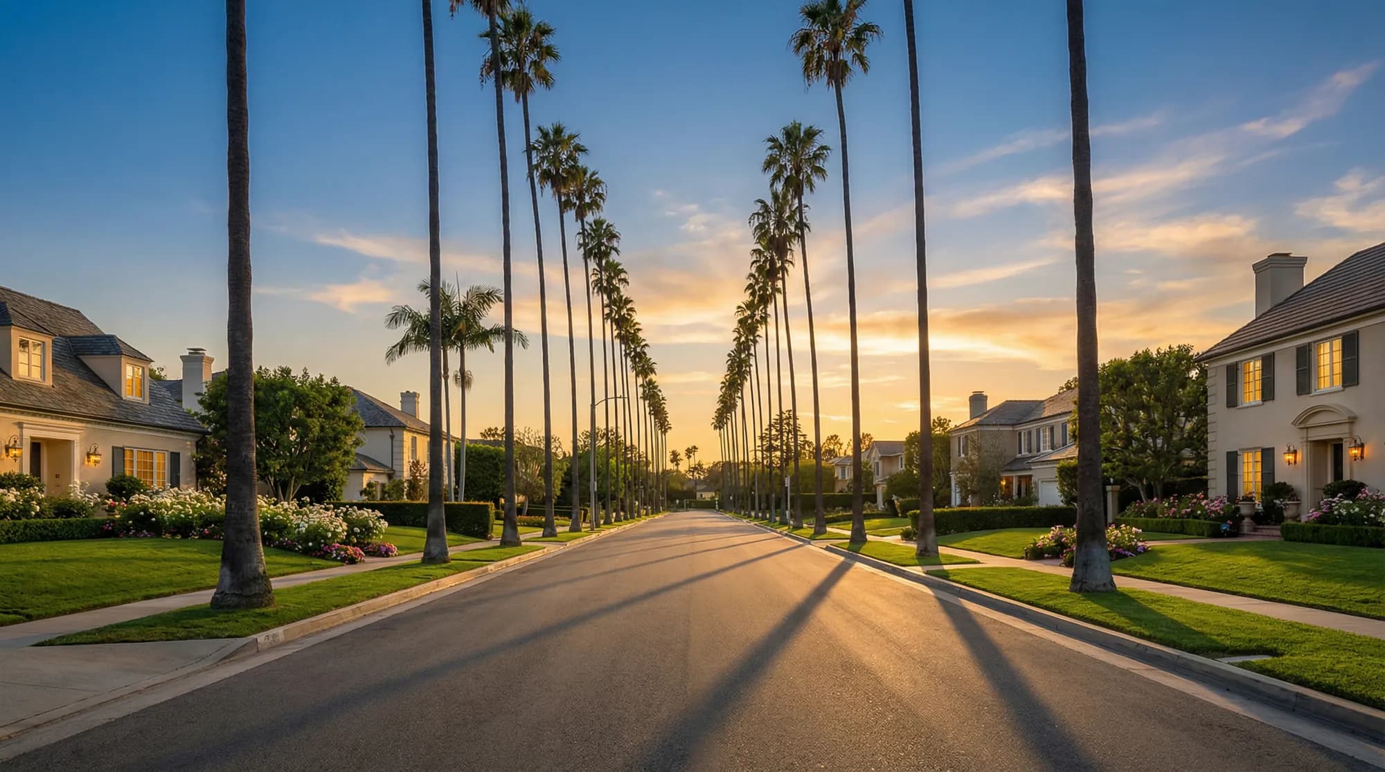 A palm-lined residential street with Craftsman homes at golden hour