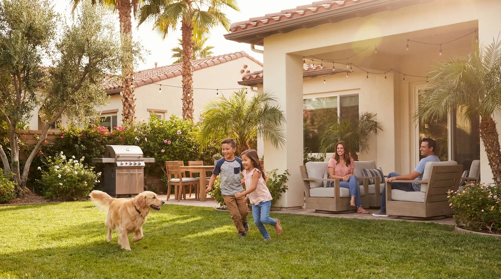 A family and their dog playing on the lawn of a Spanish-style backyard