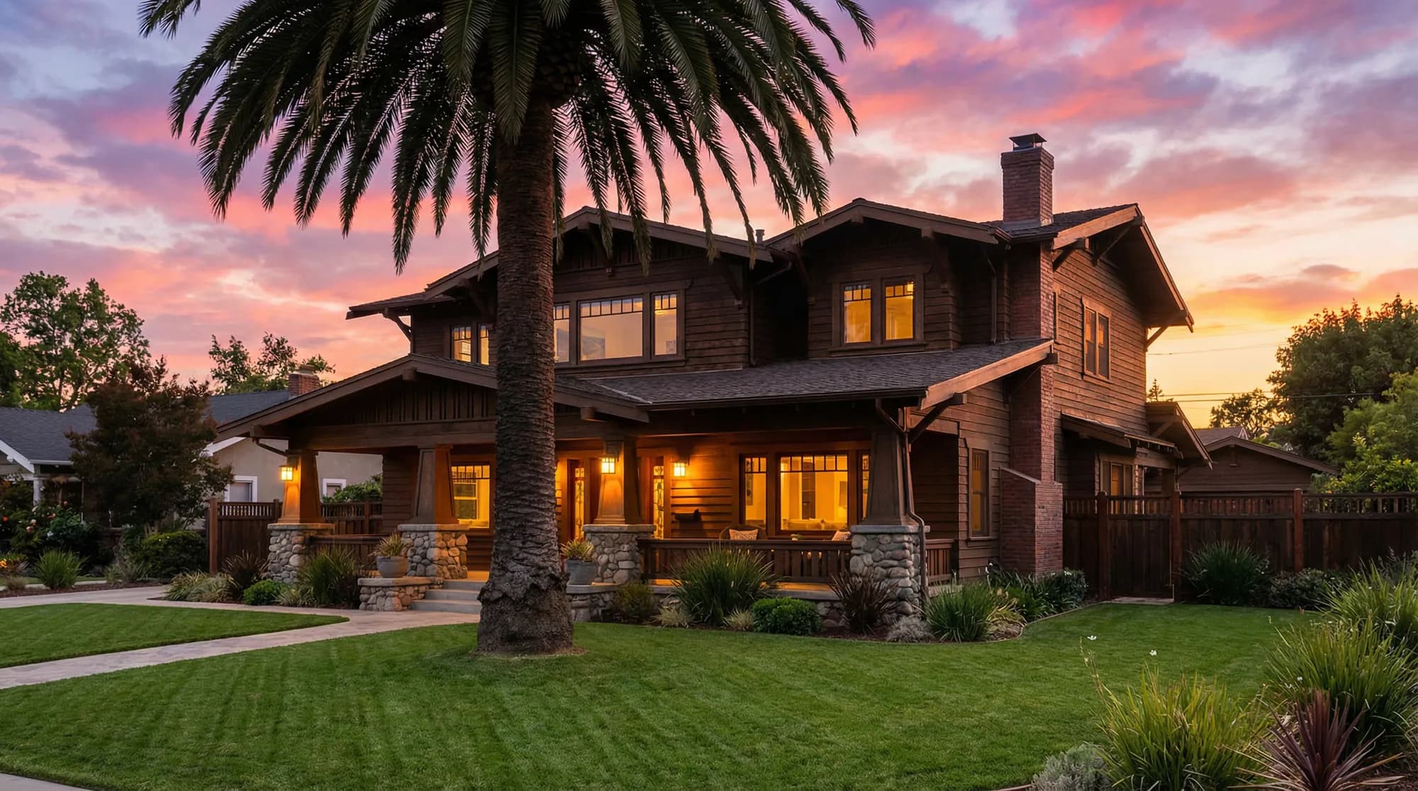 Two-story Craftsman home at dusk with warm porch lights, river-stone porch columns and a tall palm on the front lawn