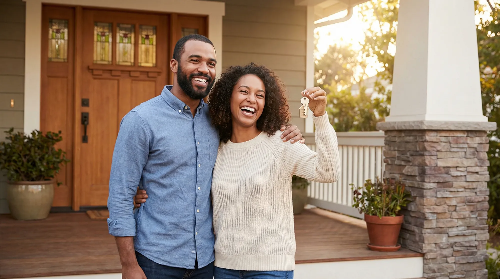 A smiling couple on the front porch of a Craftsman-style home, one of them holding up a set of house keys