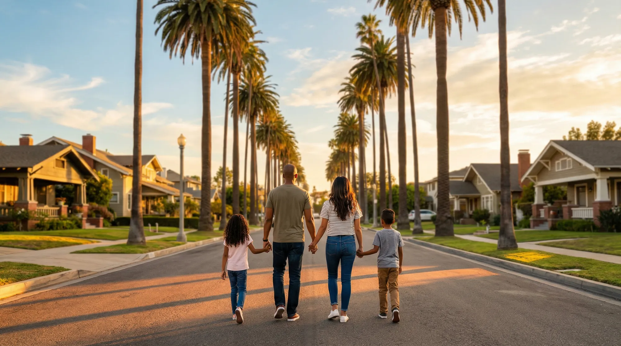 A family of four walking hand in hand down a palm-lined residential street at golden hour