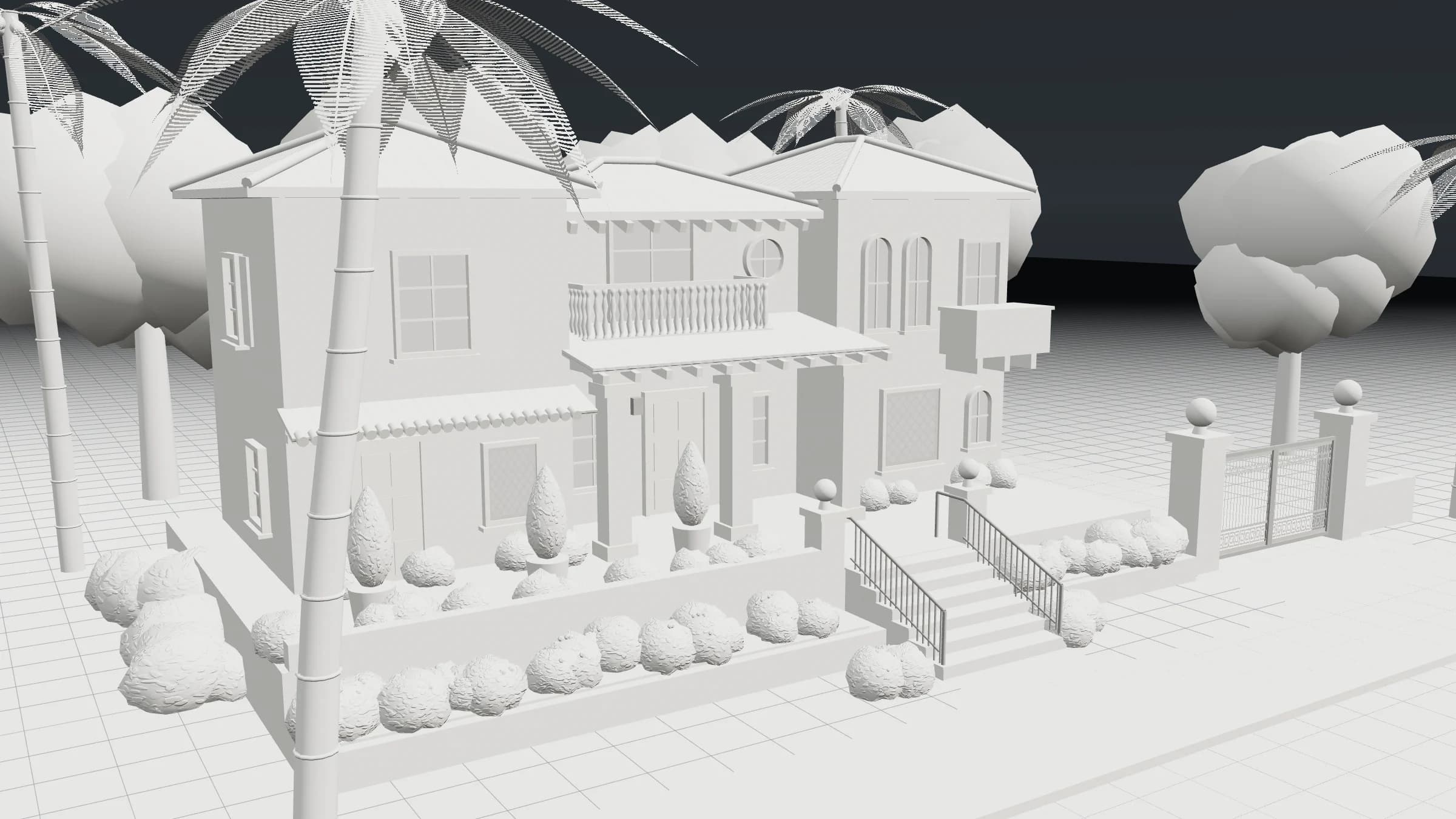 Untextured clay 3D model of a two-story Spanish Revival house with a balcony, front stairs, a gated side entrance, palms and shrubs