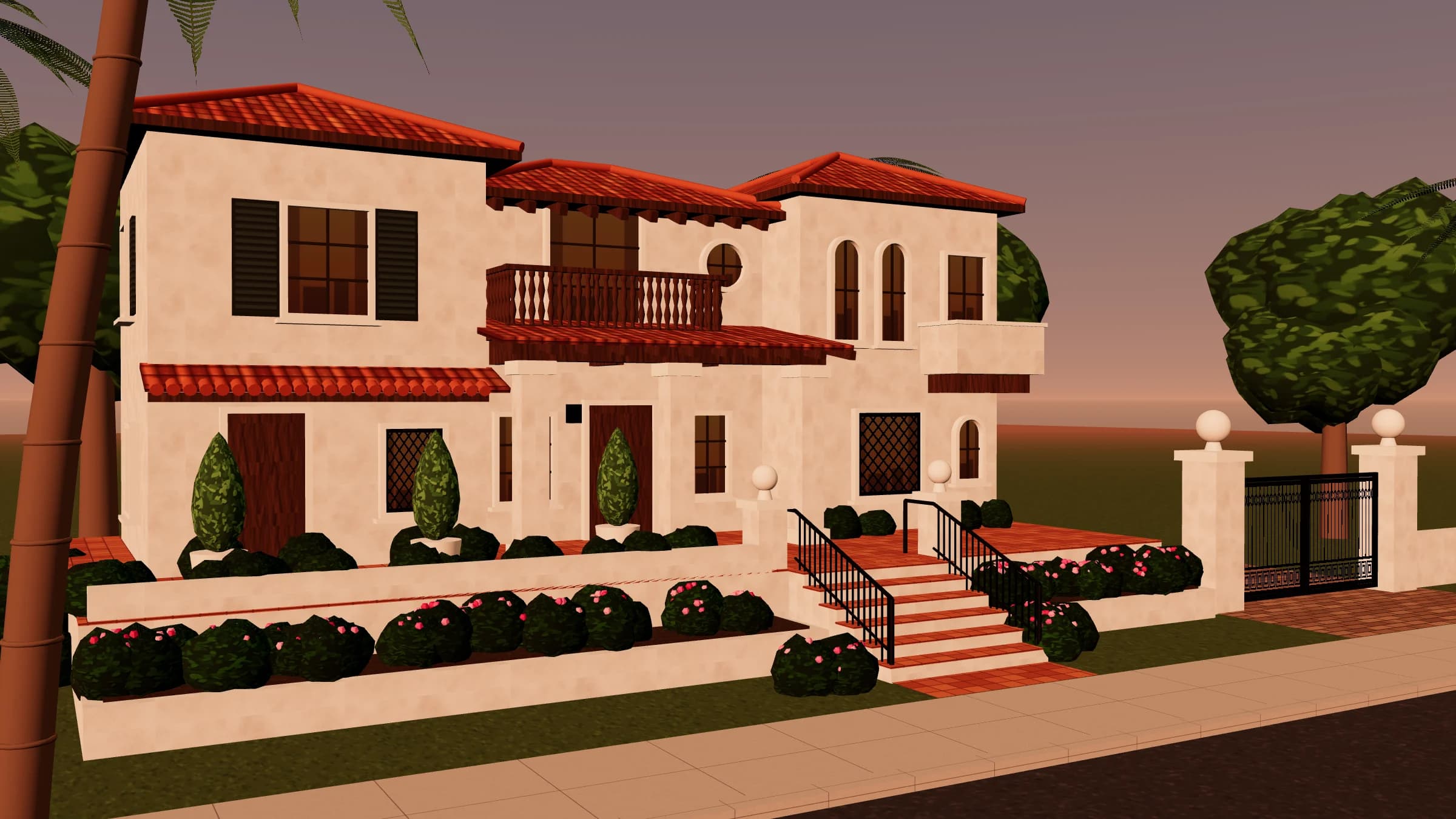 3D render of the HomeNest house at dusk: a two-story Spanish Revival home with a red tile roof, a wooden balcony and front steps behind a low garden wall